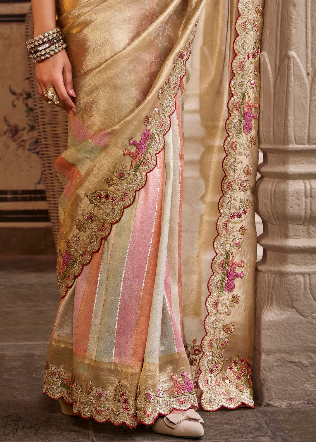 Rose Gold Striped Pallu Embroidered Silk Saree