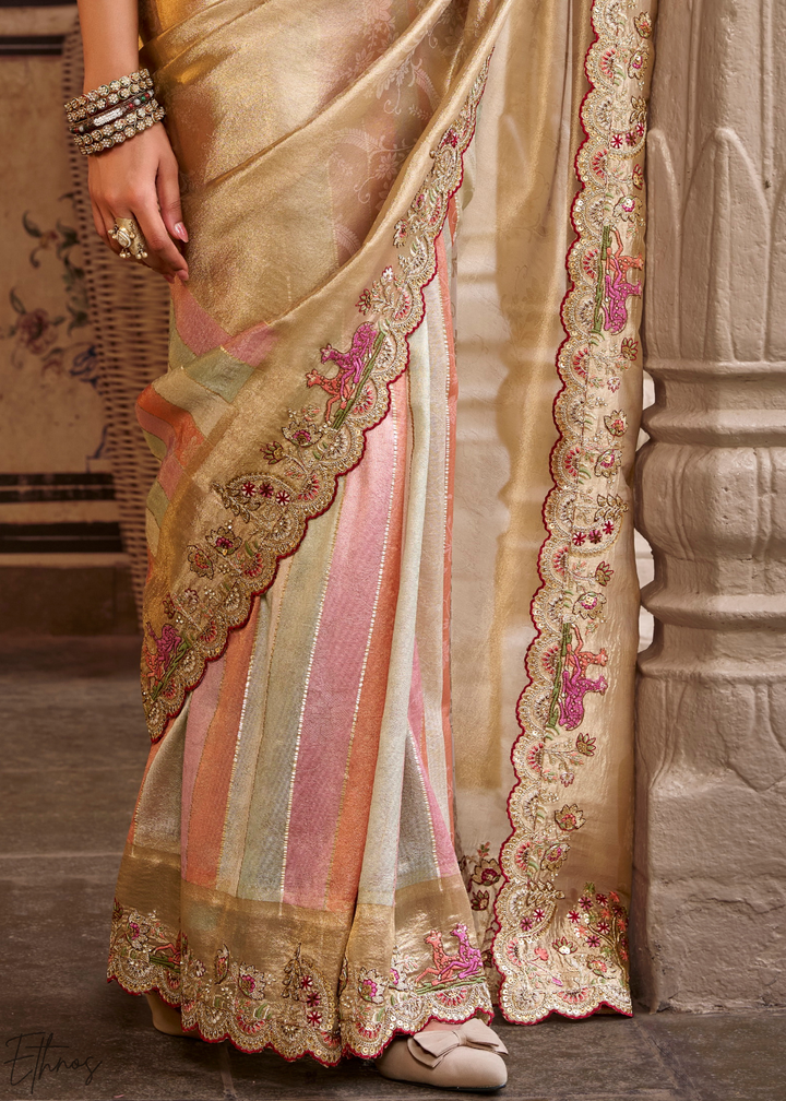 Rose Gold Striped Pallu Embroidered Silk Saree