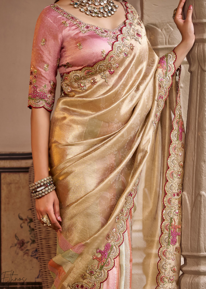 Rose Gold Striped Pallu Embroidered Silk Saree