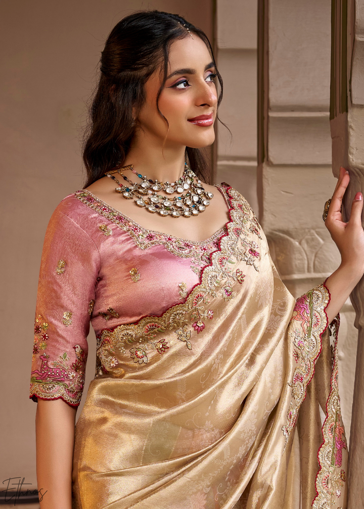 Rose Gold Striped Pallu Embroidered Silk Saree