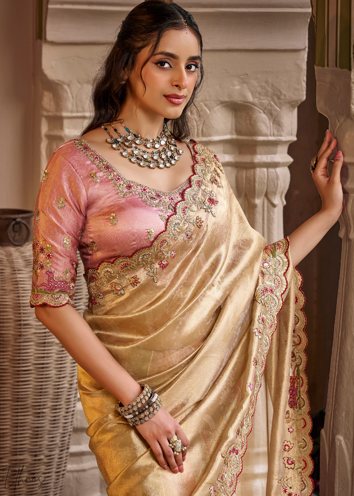 Rose Gold Striped Pallu Embroidered Silk Saree