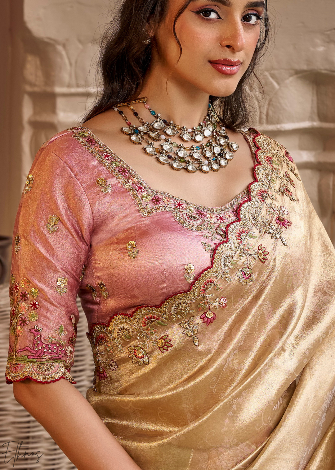 Rose Gold Striped Pallu Embroidered Silk Saree