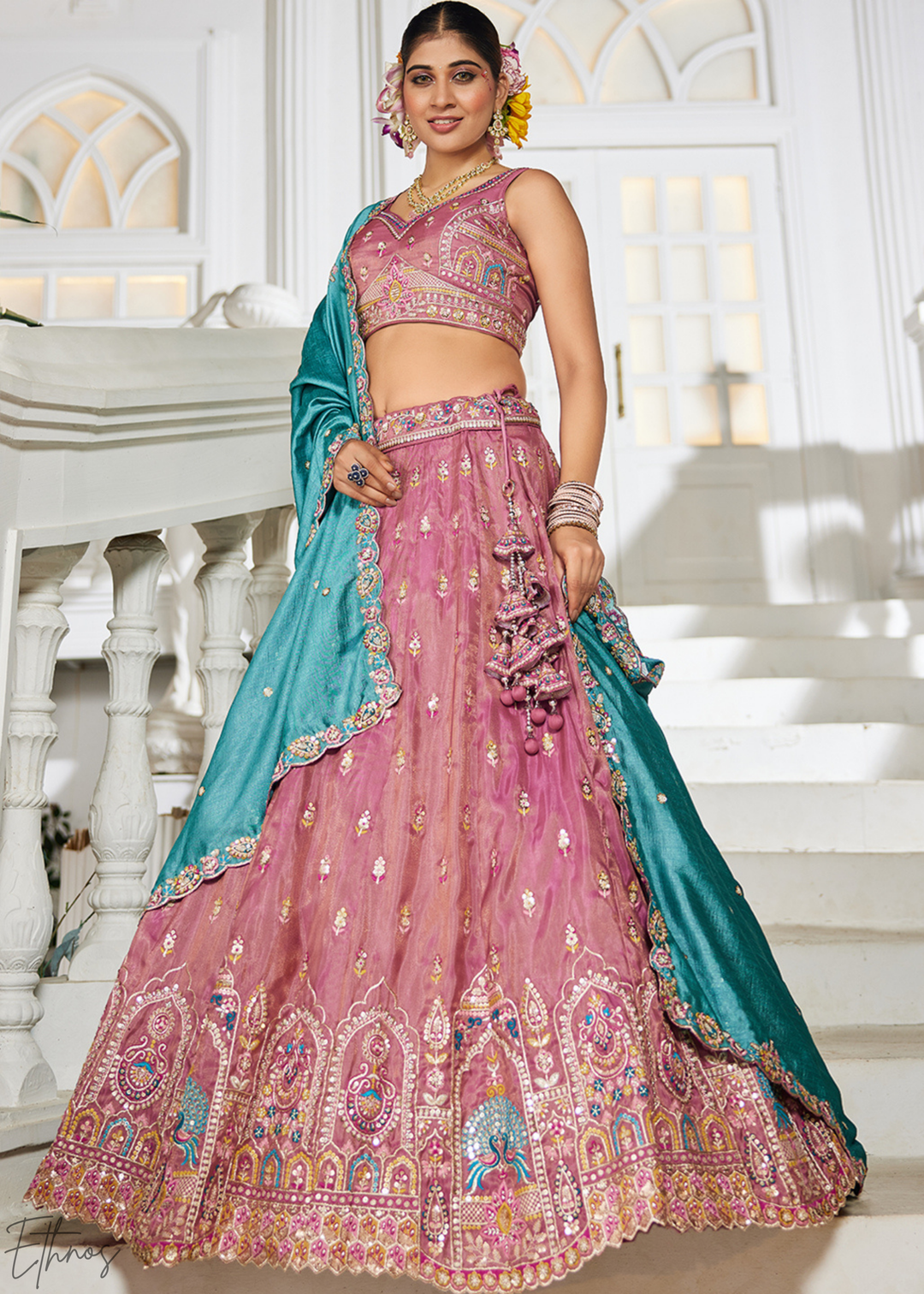 Rose Gold and Sky Blue Peacock Embroidered Tissue Lehenga Choli