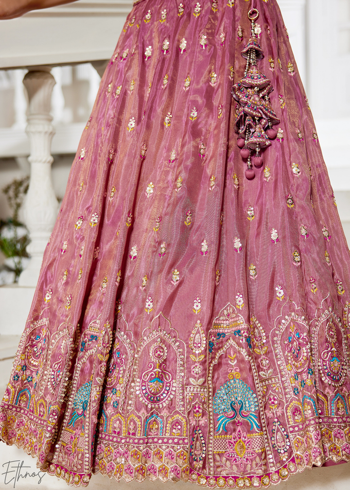Rose Gold and Sky Blue Peacock Embroidered Tissue Lehenga Choli