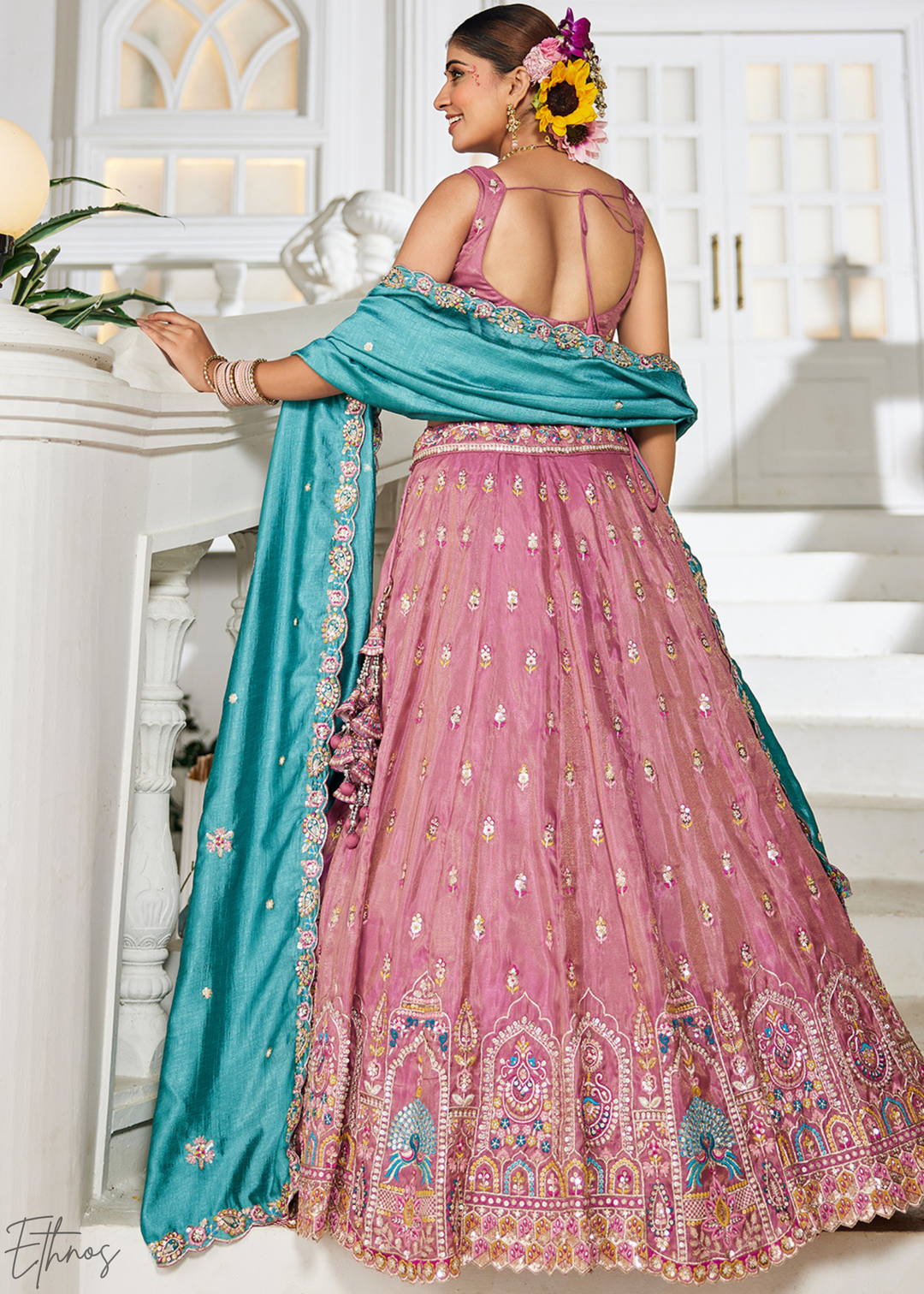 Rose Gold and Sky Blue Peacock Embroidered Tissue Lehenga Choli
