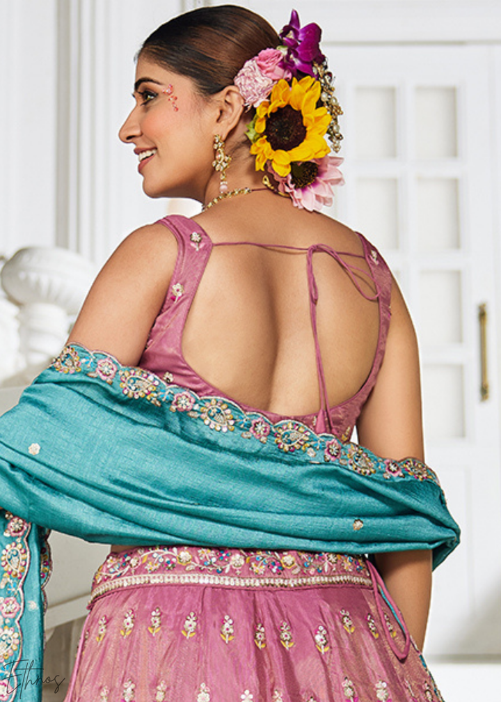 Rose Gold and Sky Blue Peacock Embroidered Tissue Lehenga Choli
