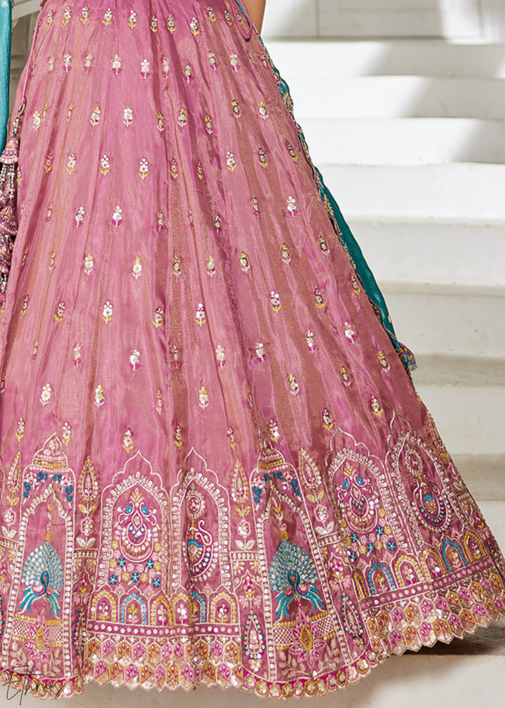 Rose Gold and Sky Blue Peacock Embroidered Tissue Lehenga Choli