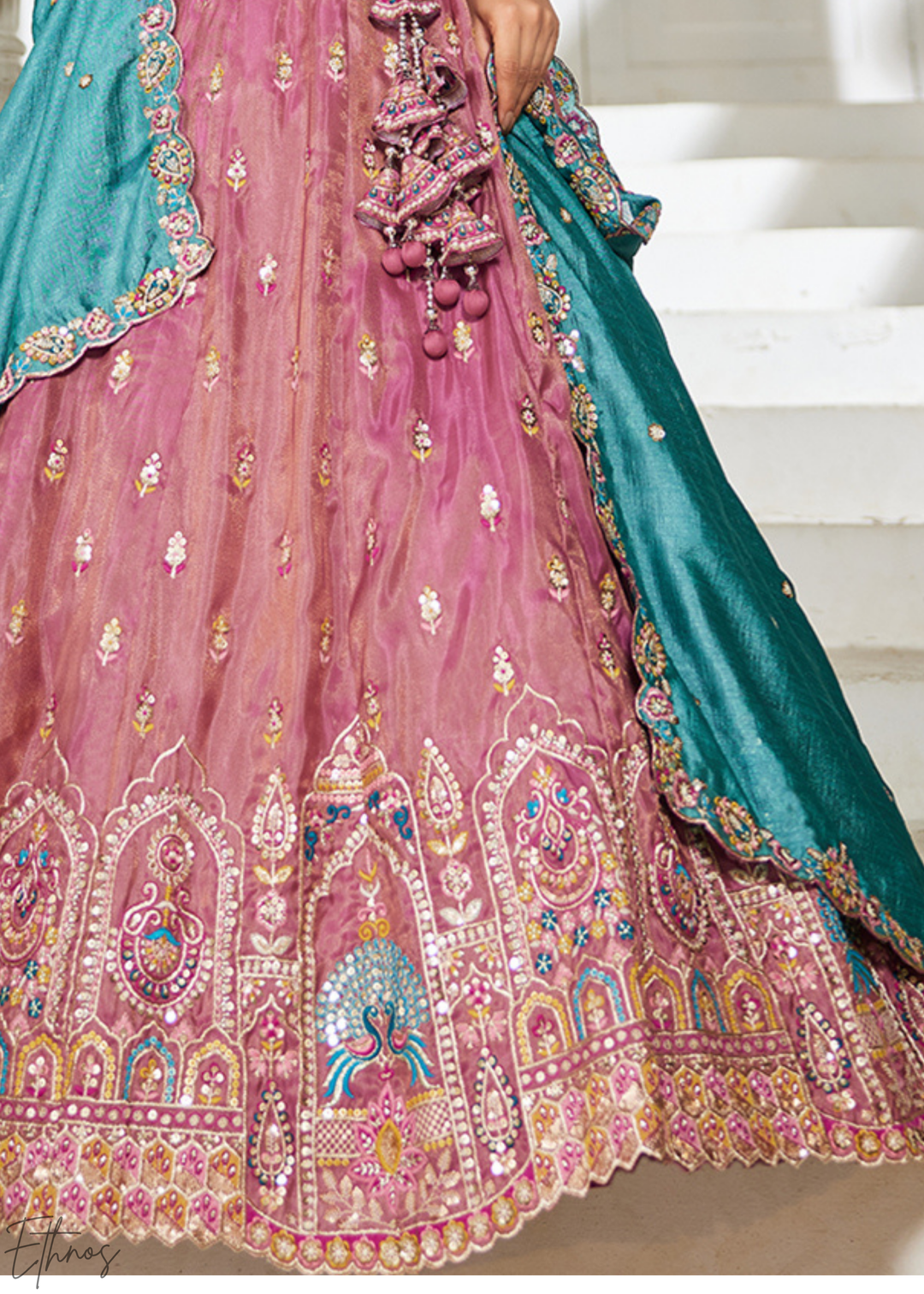 Rose Gold and Sky Blue Peacock Embroidered Tissue Lehenga Choli