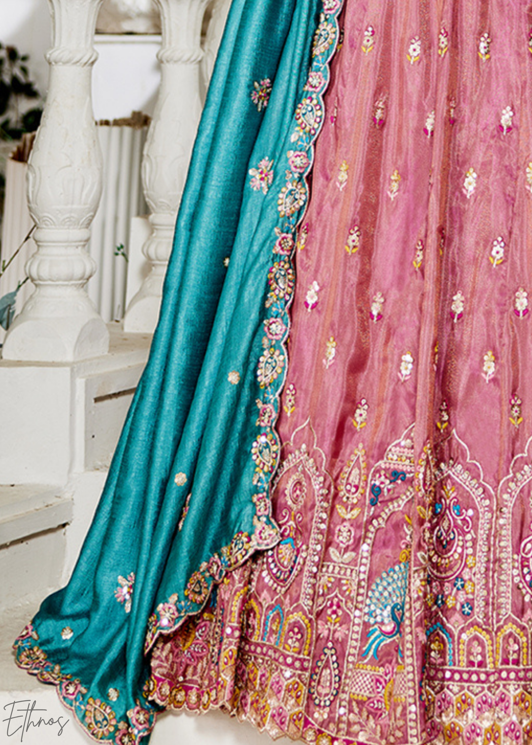 Rose Gold and Sky Blue Peacock Embroidered Tissue Lehenga Choli