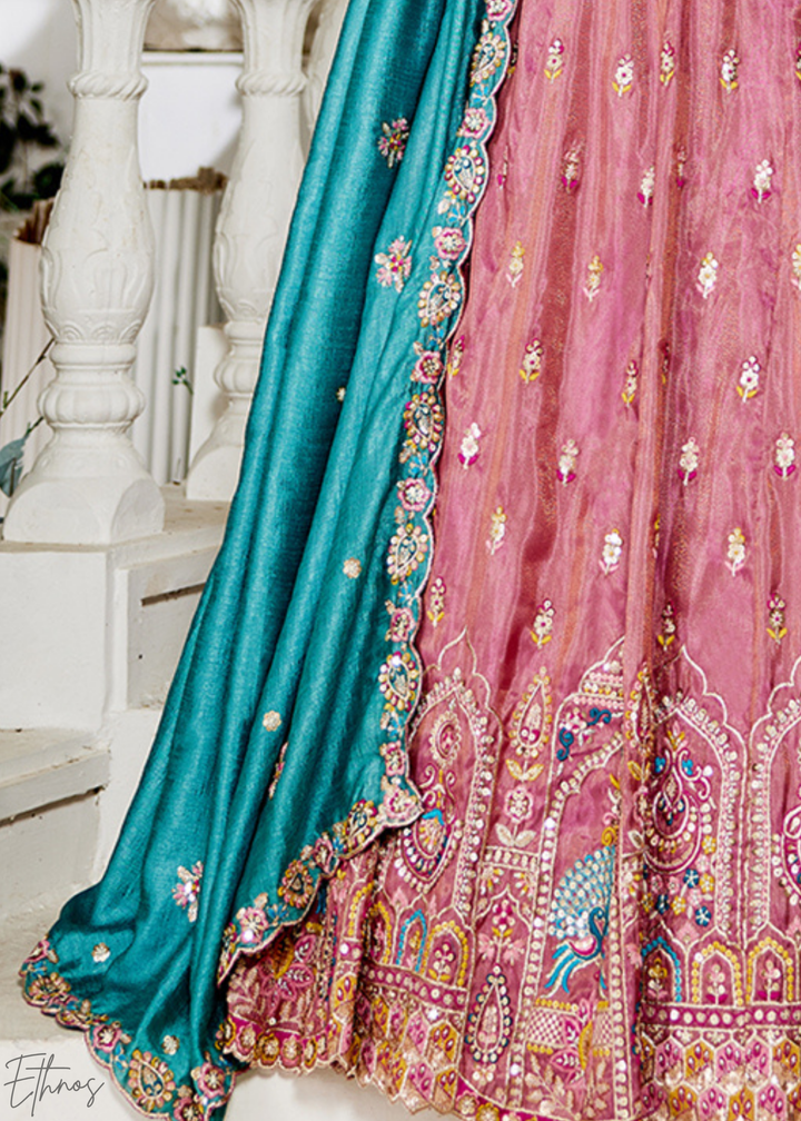 Rose Gold and Sky Blue Peacock Embroidered Tissue Lehenga Choli