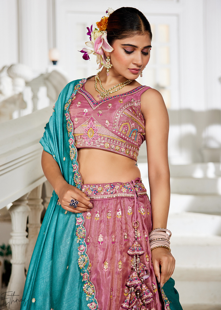 Rose Gold and Sky Blue Peacock Embroidered Tissue Lehenga Choli
