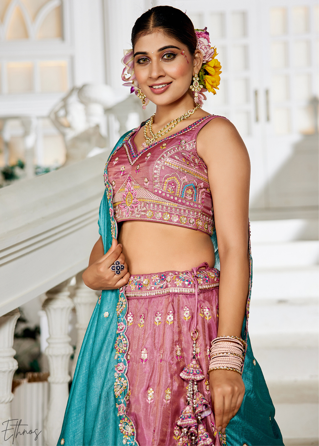 Rose Gold and Sky Blue Peacock Embroidered Tissue Lehenga Choli