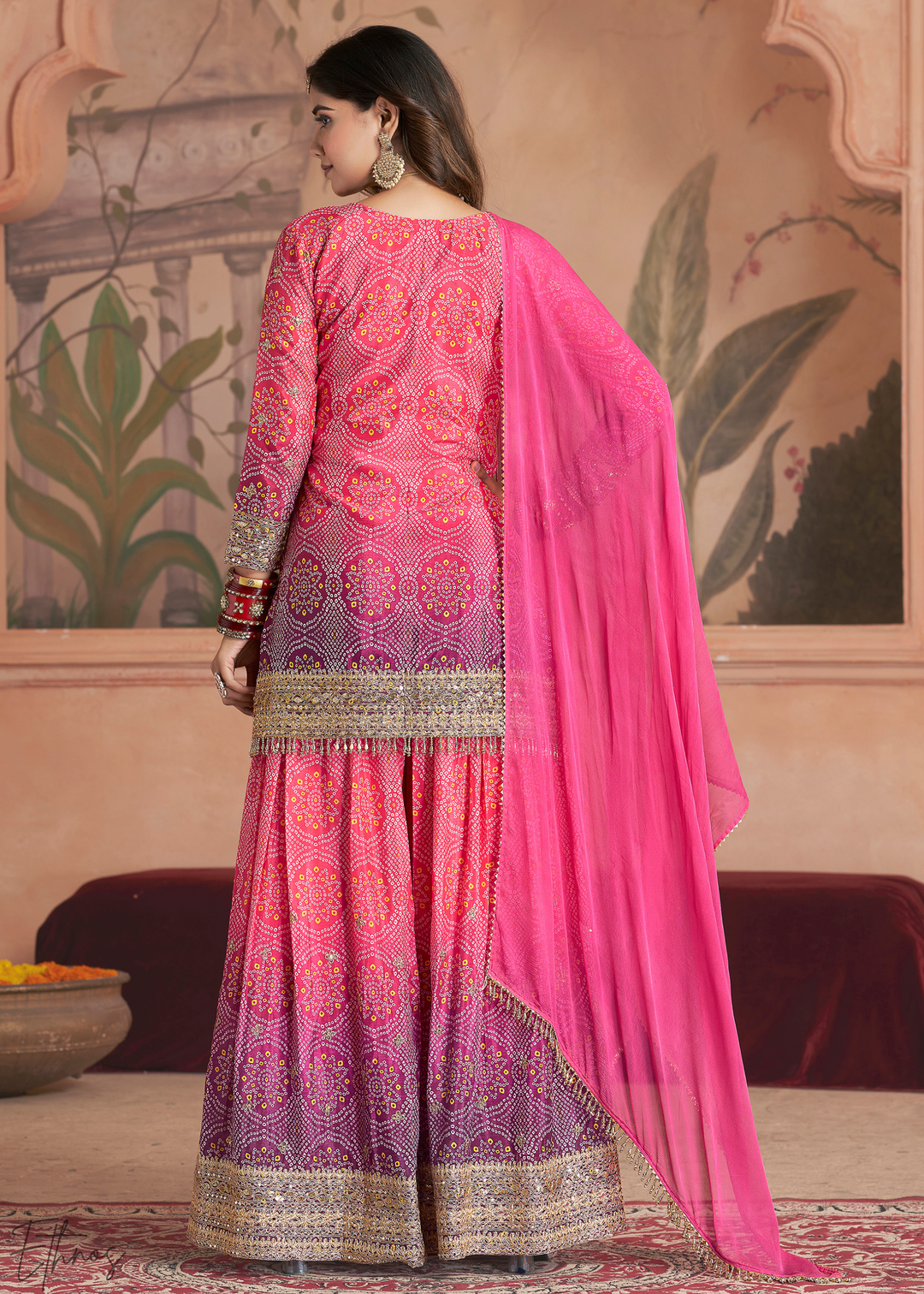 Rose Pink Bandhani Chinon Sharara Suit