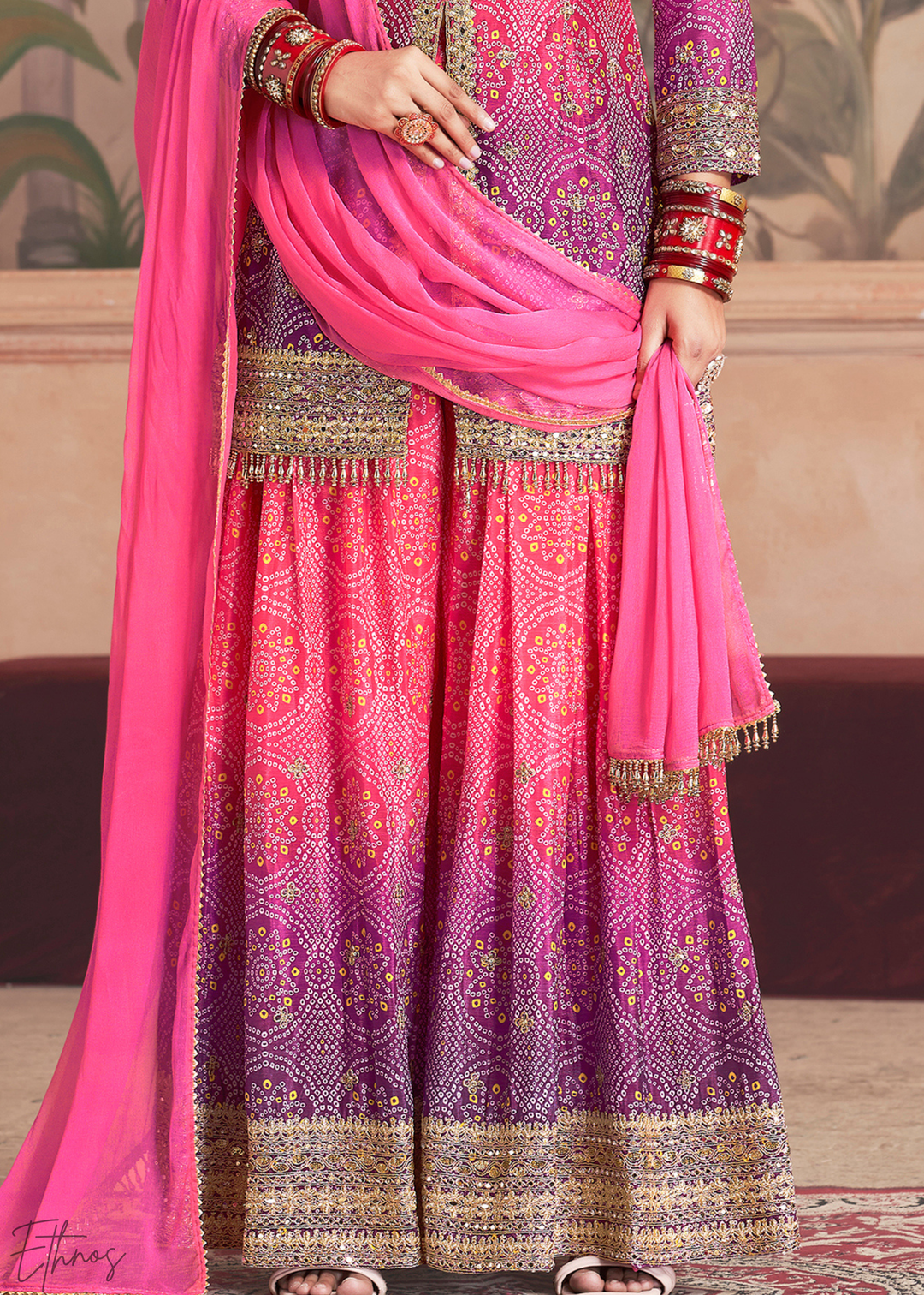 Rose Pink Bandhani Chinon Sharara Suit