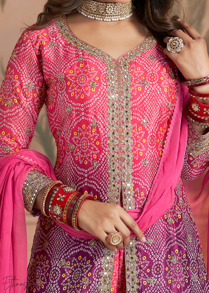 Rose Pink Bandhani Chinon Sharara Suit