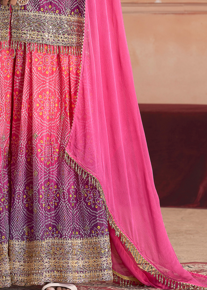 Rose Pink Bandhani Chinon Sharara Suit