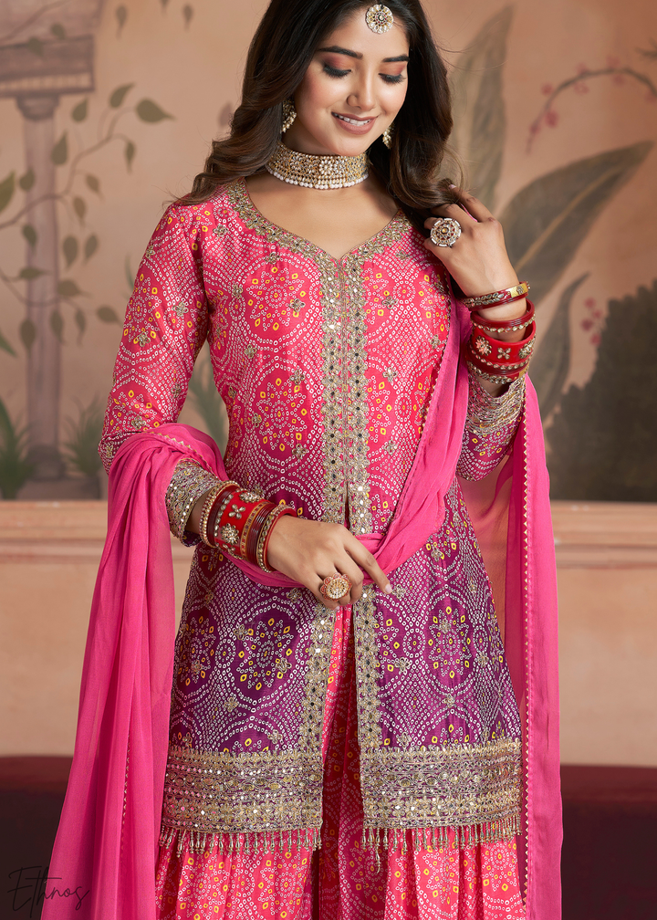 Rose Pink Bandhani Chinon Sharara Suit