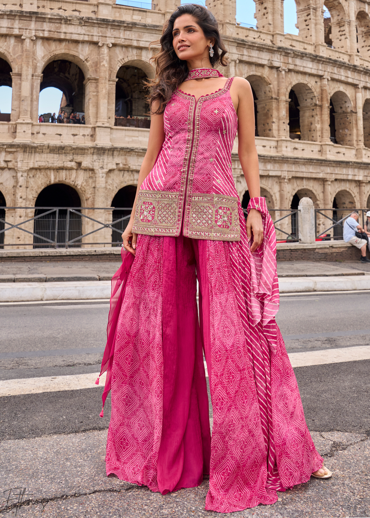 Rose Pink Chevron Printed Embroidered Shimmer Silk Sharara Suit Set