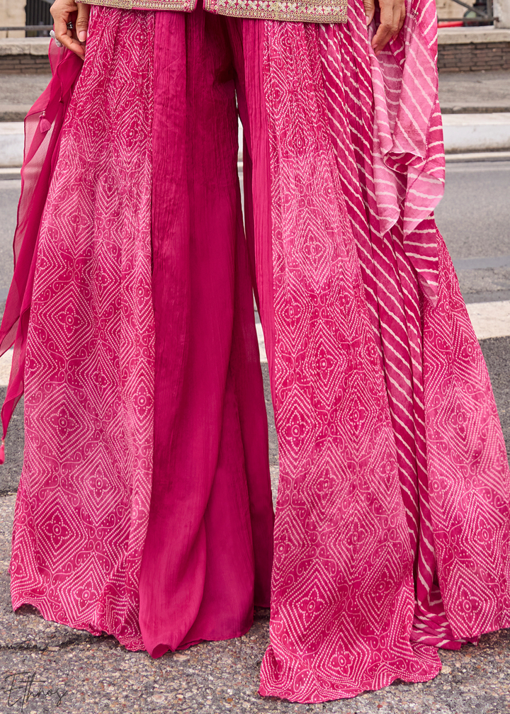 Rose Pink Chevron Printed Embroidered Shimmer Silk Sharara Suit Set