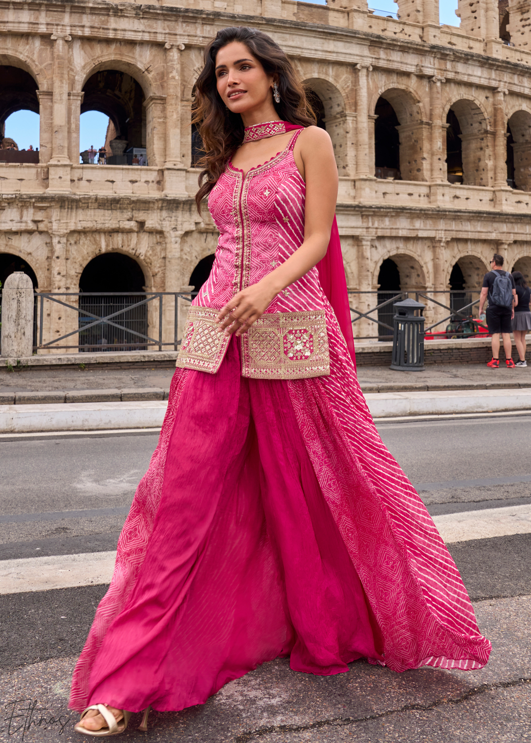 Rose Pink Chevron Printed Embroidered Shimmer Silk Sharara Suit Set