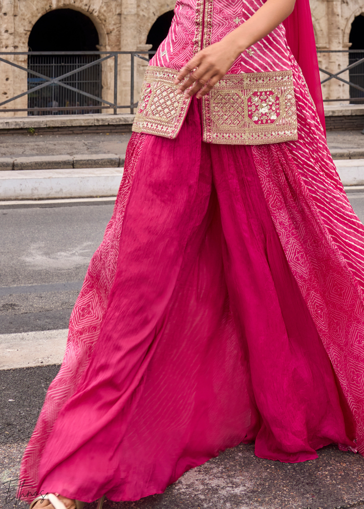 Rose Pink Chevron Printed Embroidered Shimmer Silk Sharara Suit Set