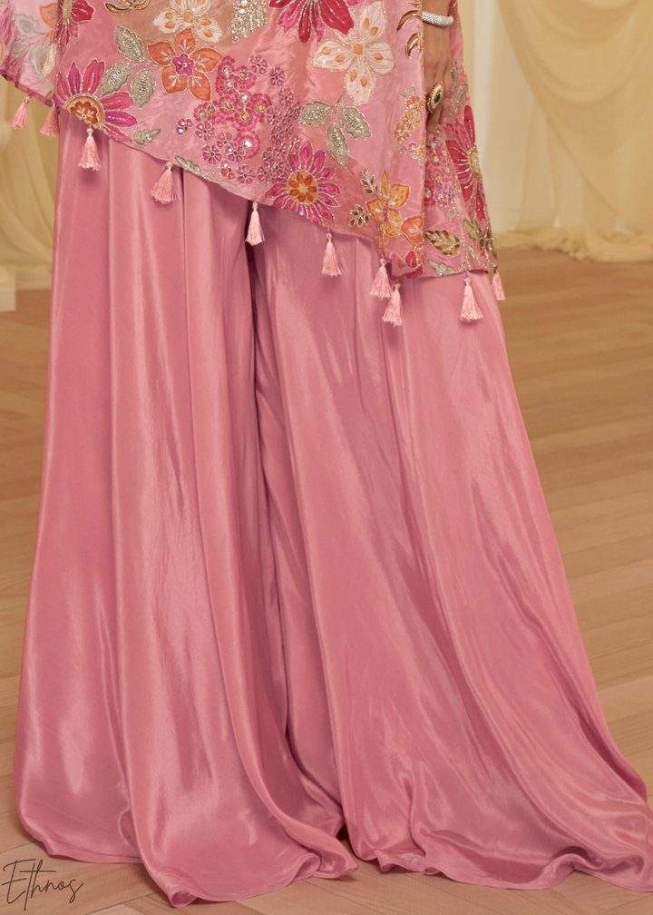 Rose Pink Crepe Poncho Palazzo Suit