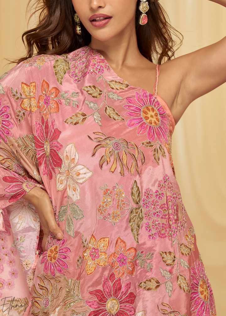 Rose Pink Crepe Poncho Palazzo Suit