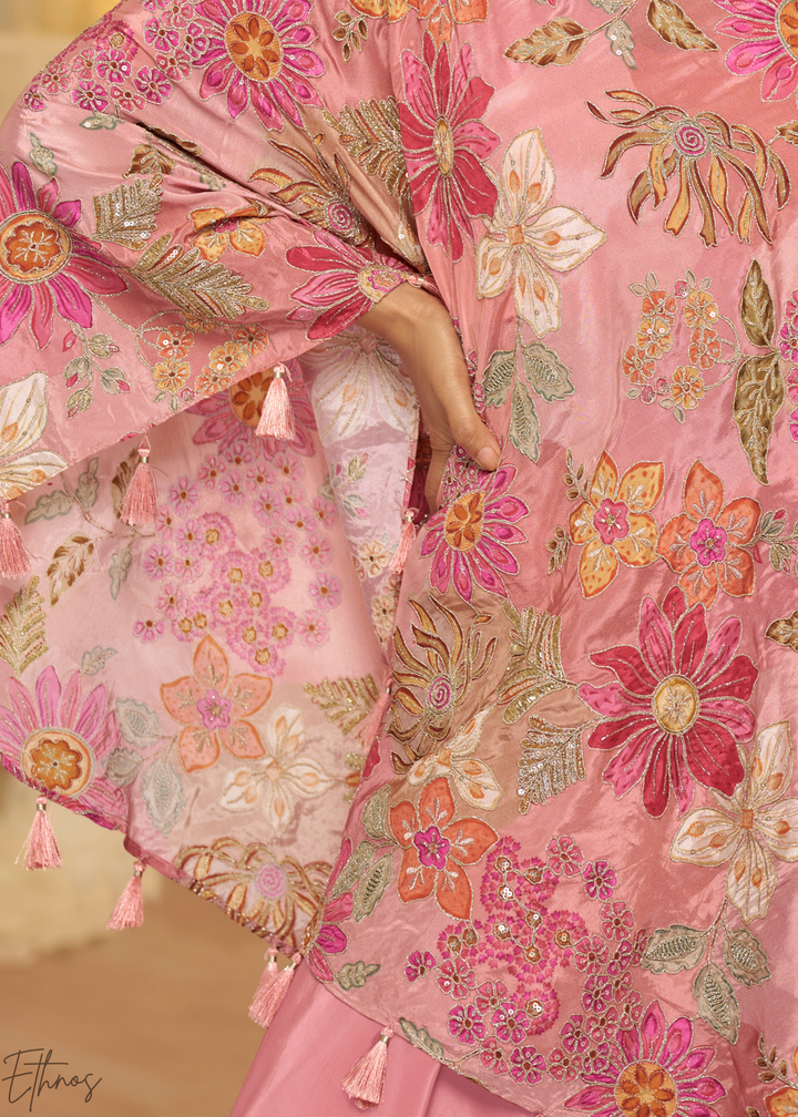 Rose Pink Crepe Poncho Palazzo Suit