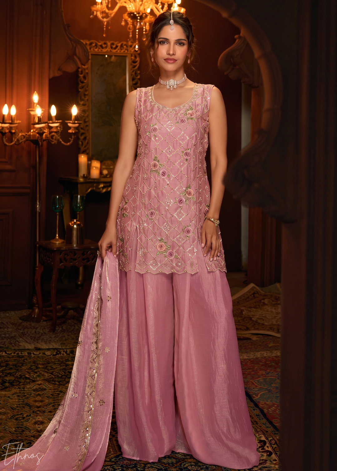 Rose Pink Diamond-Geo Silk Palazzo Suit