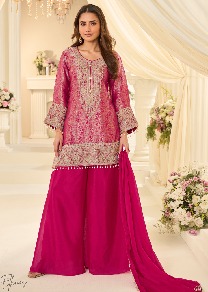 Rose Pink Floral Embroidered Jacquard Silk Suit