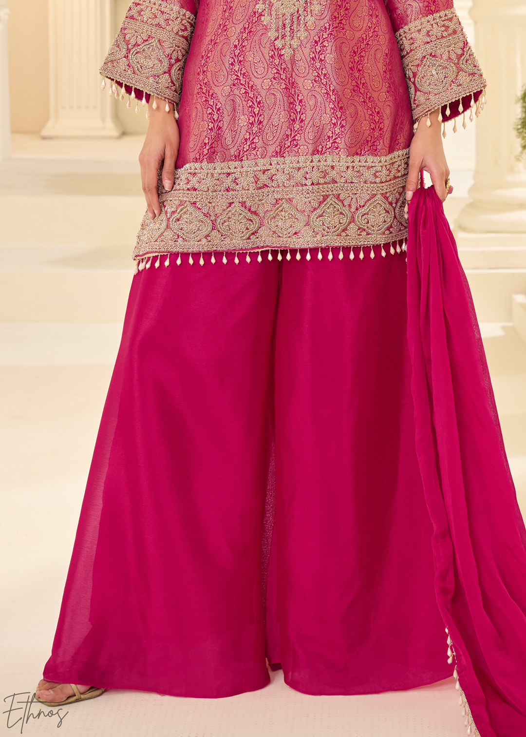 Rose Pink Floral Embroidered Jacquard Silk Suit