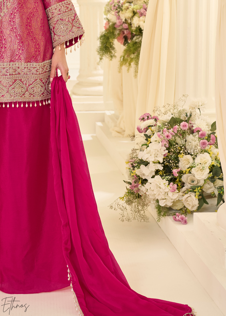 Rose Pink Floral Embroidered Jacquard Silk Suit