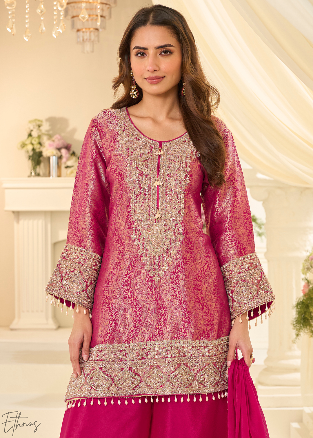 Rose Pink Floral Embroidered Jacquard Silk Suit