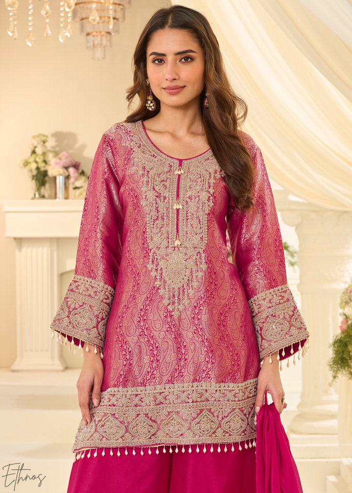 Rose Pink Floral Embroidered Jacquard Silk Suit