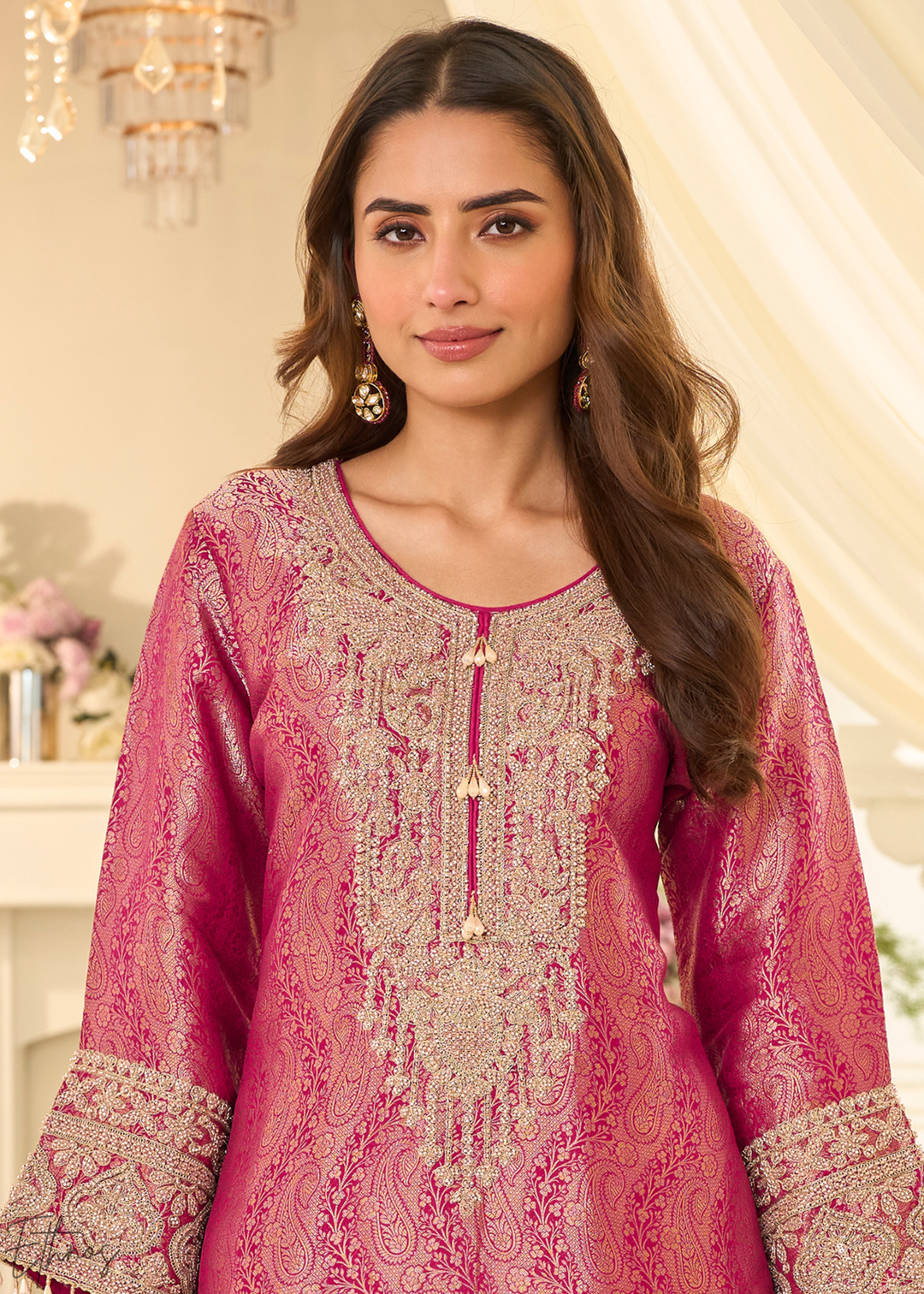 Rose Pink Floral Embroidered Jacquard Silk Suit