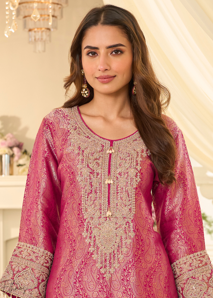 Rose Pink Floral Embroidered Jacquard Silk Suit