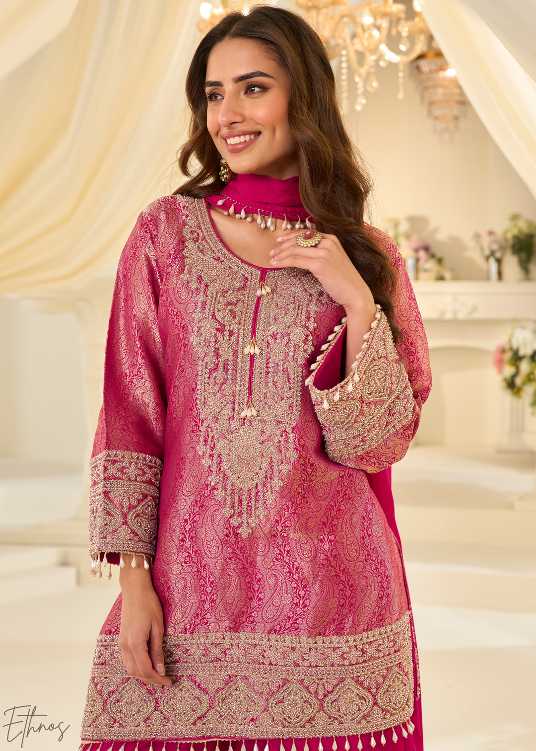 Rose Pink Floral Embroidered Jacquard Silk Suit