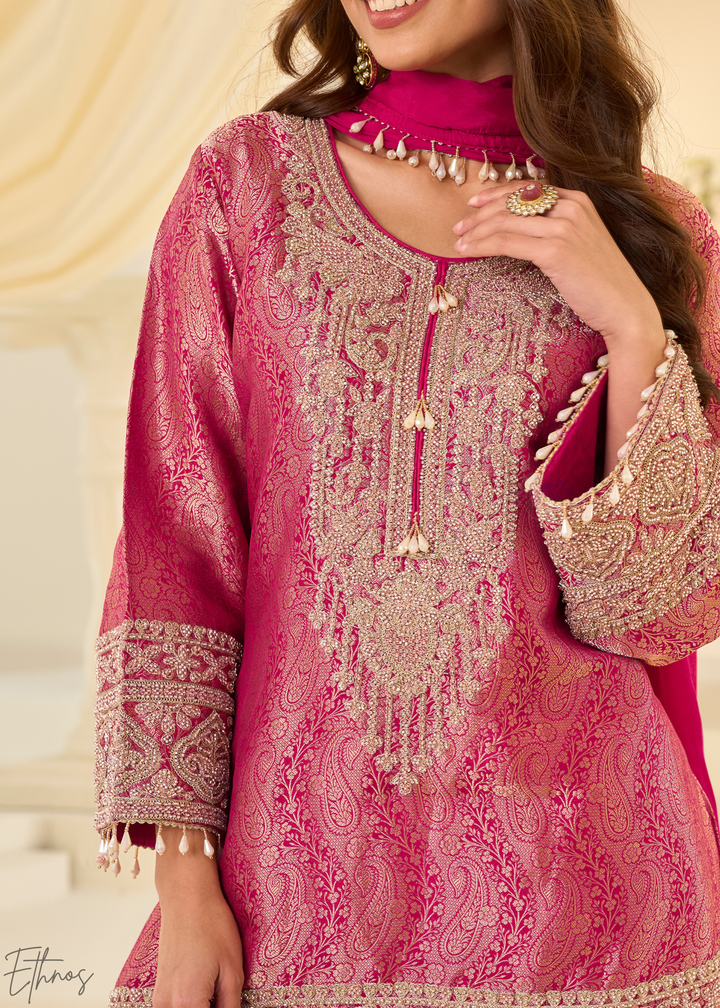 Rose Pink Floral Embroidered Jacquard Silk Suit