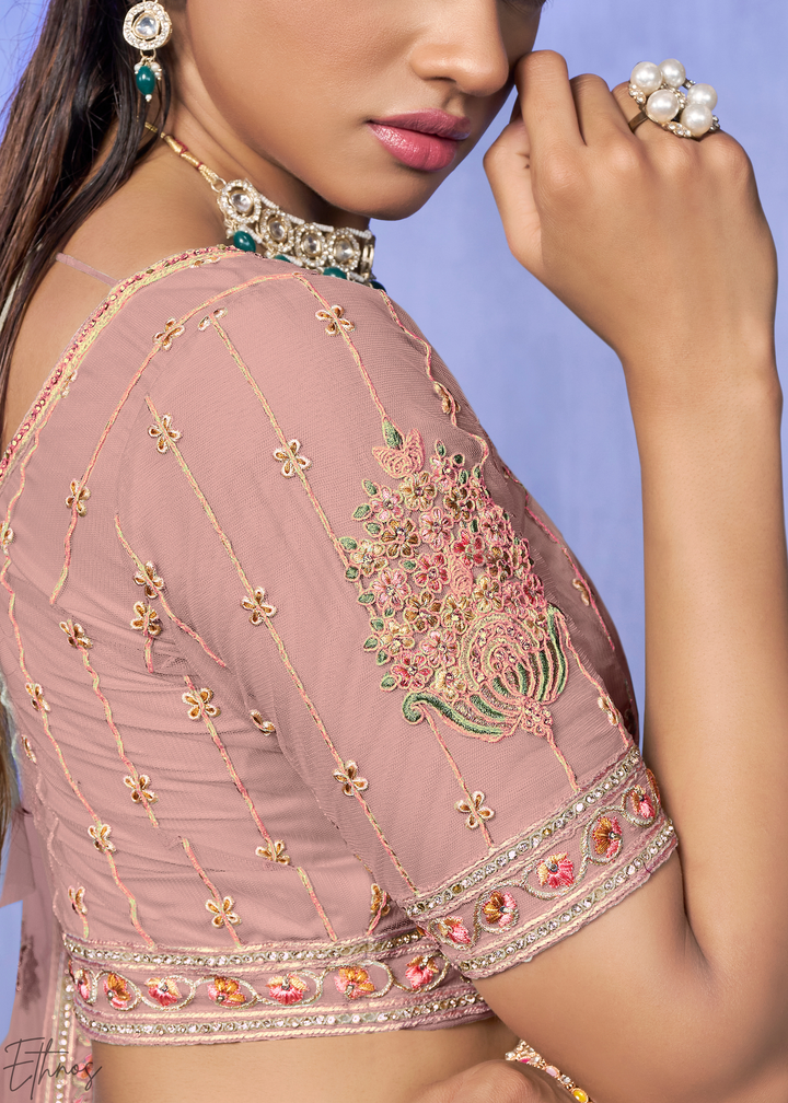 Rose Pink Floral & Architectural Embroidered Net Lehenga Choli
