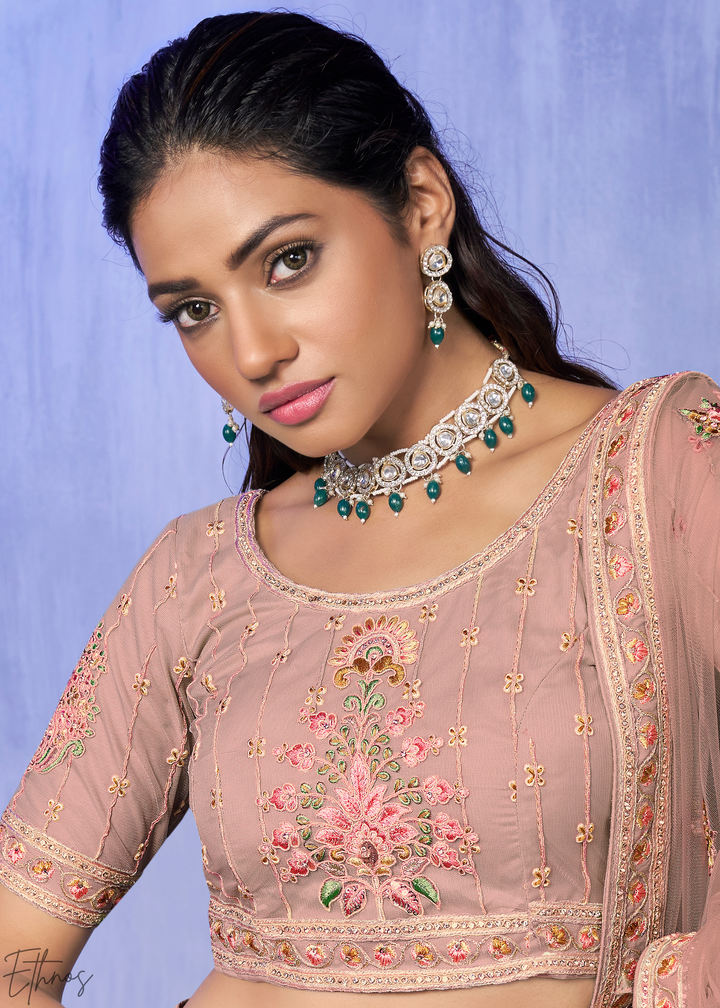 Rose Pink Floral & Architectural Embroidered Net Lehenga Choli