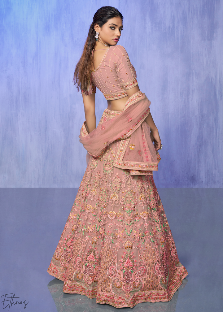 Rose Pink Floral & Architectural Embroidered Net Lehenga Choli