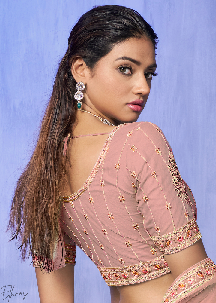Rose Pink Floral & Architectural Embroidered Net Lehenga Choli