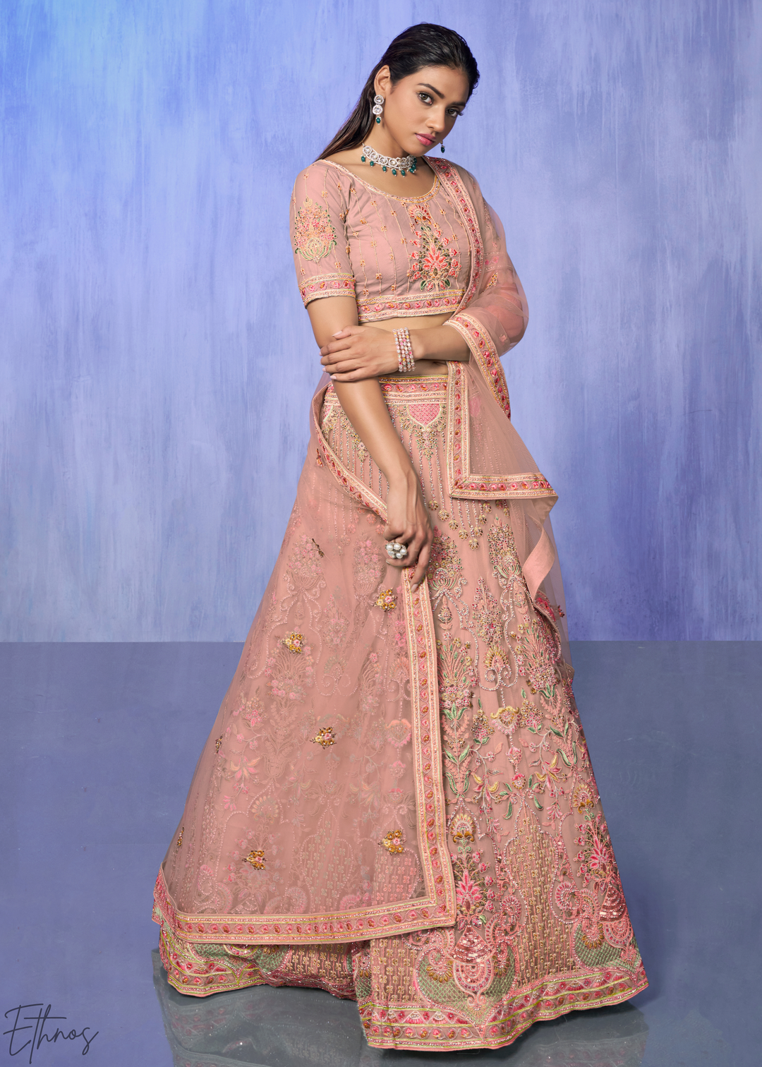 Rose Pink Floral & Architectural Embroidered Net Lehenga Choli