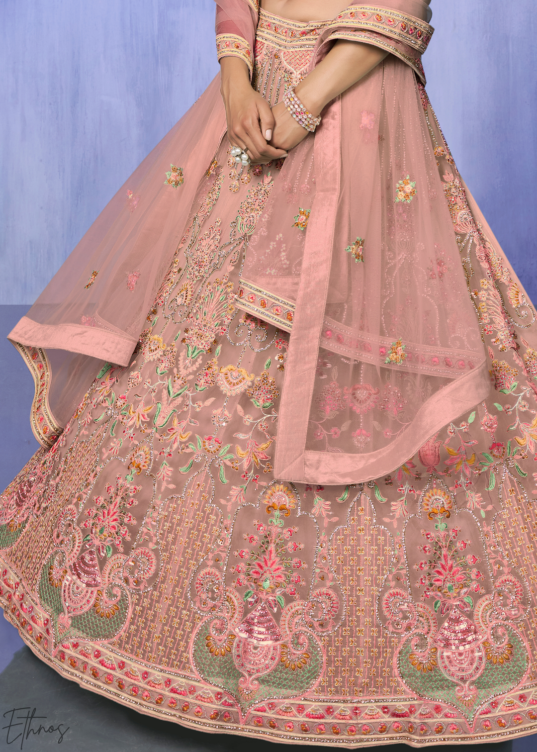 Rose Pink Floral & Architectural Embroidered Net Lehenga Choli