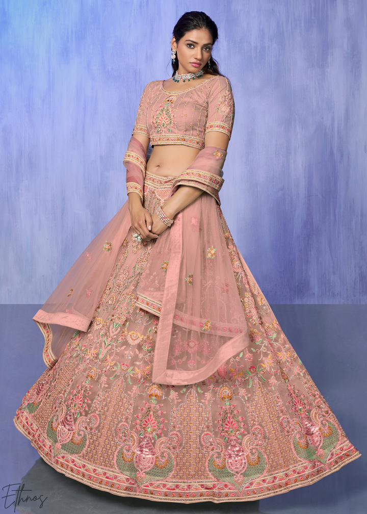 Rose Pink Floral & Architectural Embroidered Net Lehenga Choli