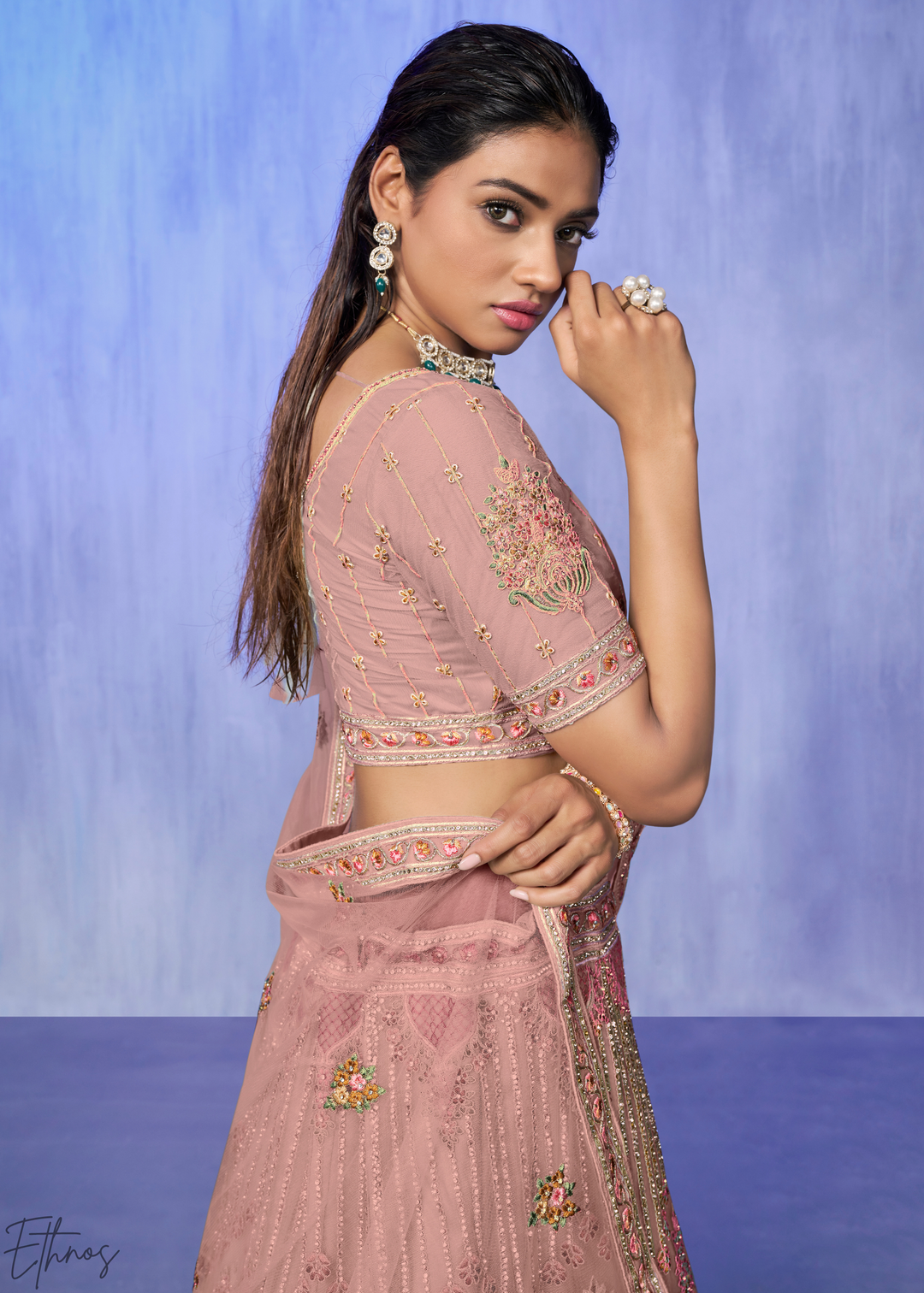 Rose Pink Floral & Architectural Embroidered Net Lehenga Choli