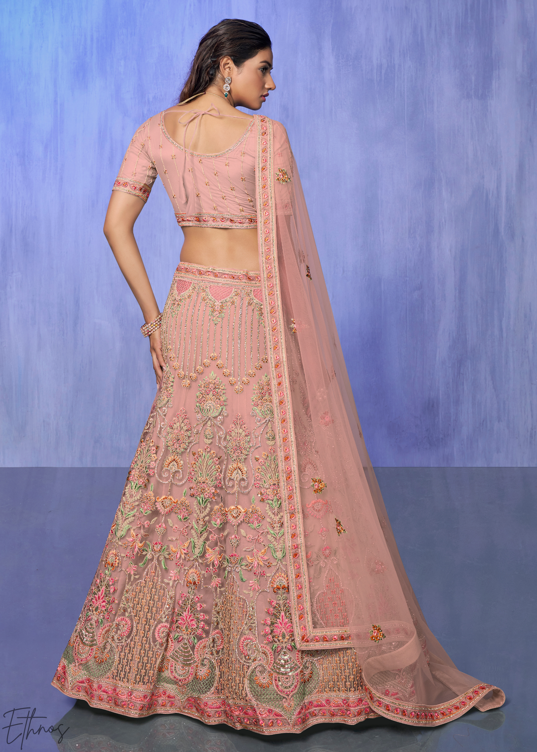 Rose Pink Floral & Architectural Embroidered Net Lehenga Choli