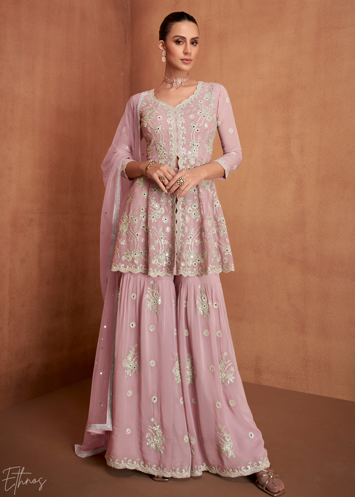 Rose Pink Georgette Peplum Sharara Suit