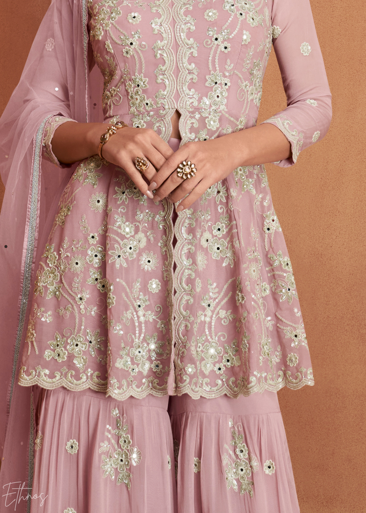 Rose Pink Georgette Peplum Sharara Suit