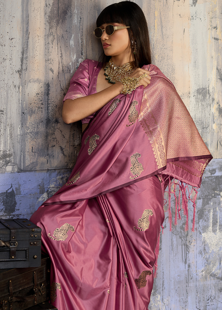 Rose Pink Majestic Feline Banarasi Satin Silk Saree